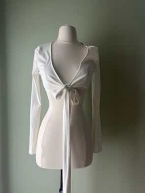 White Long-Sleeve Tie-Front Crop Top